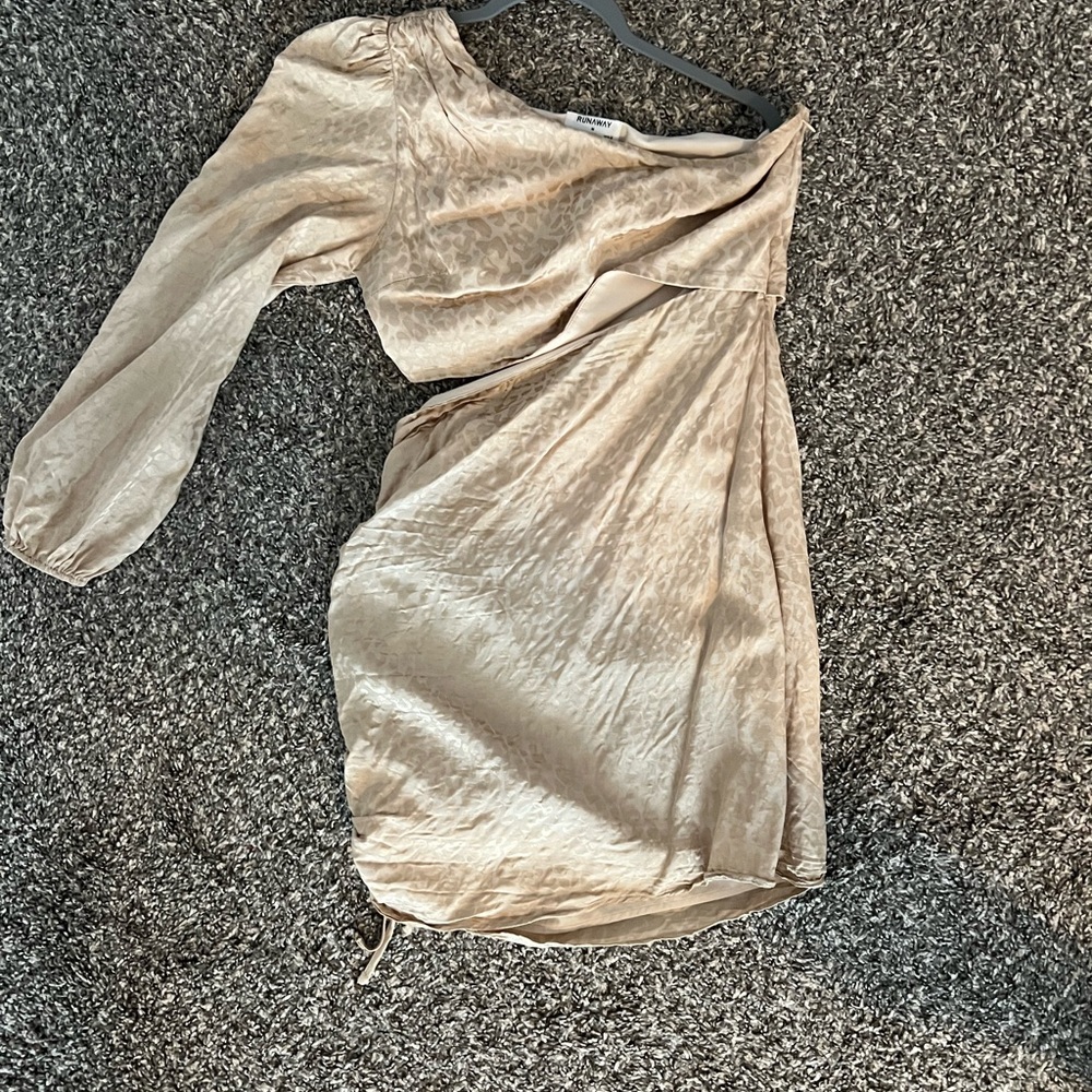 Champagne colored, one shoulder, cheetah print detail, semi formal dress